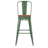 English Elm Commercial Grade Commercial Grade 30" High Metal Indoor-Outdoor Bar Height Stool with Removable Back and Teak All-Weather Poly Resin Seat