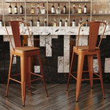 English Elm Commercial Grade Commercial Grade 30" High Metal Indoor-Outdoor Bar Height Stool with Removable Back and Teak All-Weather Poly Resin Seat