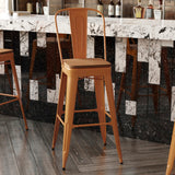 English Elm Commercial Grade Commercial Grade 30" High Metal Indoor-Outdoor Bar Height Stool with Removable Back and Teak All-Weather Poly Resin Seat