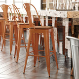 English Elm Commercial Grade Commercial Grade 30" High Metal Indoor-Outdoor Bar Height Stool with Removable Back and Teak All-Weather Poly Resin Seat