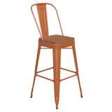 English Elm Commercial Grade Commercial Grade 30" High Metal Indoor-Outdoor Bar Height Stool with Removable Back and Teak All-Weather Poly Resin Seat