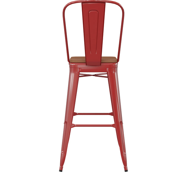 English Elm Commercial Grade Commercial Grade 30" High Metal Indoor-Outdoor Bar Height Stool with Removable Back and Teak All-Weather Poly Resin Seat