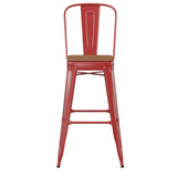 English Elm Commercial Grade Commercial Grade 30" High Metal Indoor-Outdoor Bar Height Stool with Removable Back and Teak All-Weather Poly Resin Seat