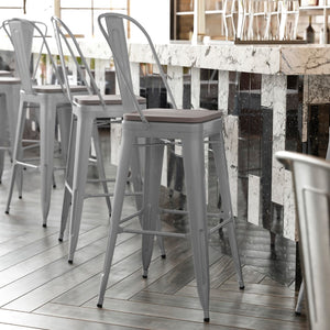 English Elm Commercial Grade Commercial Grade 30" High Silver Metal Indoor-Outdoor Bar Height Stool with Removable Back and All-Weather Poly Resin Seat