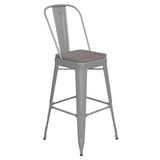 English Elm Commercial Grade Commercial Grade 30" High Silver Metal Indoor-Outdoor Bar Height Stool with Removable Back and All-Weather Poly Resin Seat