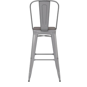 English Elm Commercial Grade Commercial Grade 30" High Silver Metal Indoor-Outdoor Bar Height Stool with Removable Back and All-Weather Poly Resin Seat