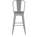 English Elm Commercial Grade Commercial Grade 30" High Silver Metal Indoor-Outdoor Bar Height Stool with Removable Back and All-Weather Poly Resin Seat