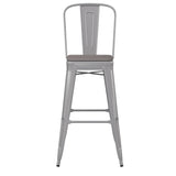 English Elm Commercial Grade Commercial Grade 30" High Silver Metal Indoor-Outdoor Bar Height Stool with Removable Back and All-Weather Poly Resin Seat