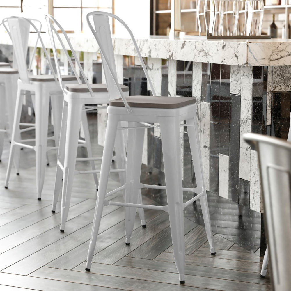 English Elm Commercial Grade Commercial Grade 30" High Metal Indoor-Outdoor Bar Height Stool with Removable Back and Gray All-Weather Poly Resin Seat