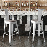 English Elm Commercial Grade Commercial Grade 30" High Metal Indoor-Outdoor Bar Height Stool with Removable Back and Gray All-Weather Poly Resin Seat