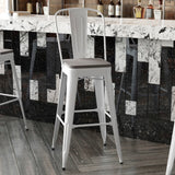 English Elm Commercial Grade Commercial Grade 30" High Metal Indoor-Outdoor Bar Height Stool with Removable Back and Gray All-Weather Poly Resin Seat