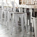 English Elm Commercial Grade Commercial Grade 30" High Metal Indoor-Outdoor Bar Height Stool with Removable Back and Gray All-Weather Poly Resin Seat