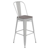 English Elm Commercial Grade Commercial Grade 30" High Metal Indoor-Outdoor Bar Height Stool with Removable Back and Gray All-Weather Poly Resin Seat