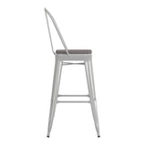 English Elm Commercial Grade Commercial Grade 30" High Metal Indoor-Outdoor Bar Height Stool with Removable Back and Gray All-Weather Poly Resin Seat