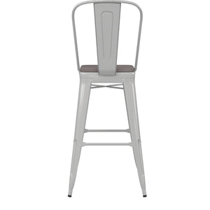 English Elm Commercial Grade Commercial Grade 30" High Metal Indoor-Outdoor Bar Height Stool with Removable Back and Gray All-Weather Poly Resin Seat