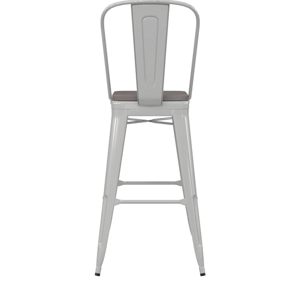 English Elm Commercial Grade Commercial Grade 30" High Metal Indoor-Outdoor Bar Height Stool with Removable Back and Gray All-Weather Poly Resin Seat