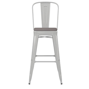 English Elm Commercial Grade Commercial Grade 30" High Metal Indoor-Outdoor Bar Height Stool with Removable Back and Gray All-Weather Poly Resin Seat