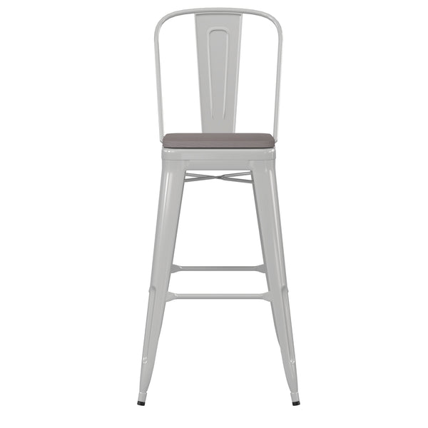 English Elm Commercial Grade Commercial Grade 30" High Metal Indoor-Outdoor Bar Height Stool with Removable Back and Gray All-Weather Poly Resin Seat