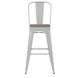 English Elm Commercial Grade Commercial Grade 30" High Metal Indoor-Outdoor Bar Height Stool with Removable Back and Gray All-Weather Poly Resin Seat