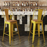 English Elm Commercial Grade Commercial Grade 30" High Metal Indoor-Outdoor Bar Height Stool with Removable Back and Teak All-Weather Poly Resin Seat