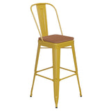 English Elm Commercial Grade Commercial Grade 30" High Metal Indoor-Outdoor Bar Height Stool with Removable Back and Teak All-Weather Poly Resin Seat