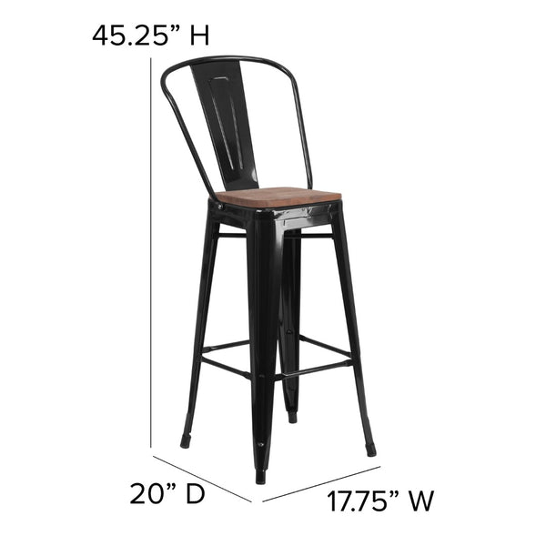 English Elm Commercial Grade 30" High Metal Barstool with Back and Wood Seat