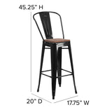 English Elm Commercial Grade 30" High Metal Barstool with Back and Wood Seat