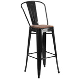 English Elm Commercial Grade 30" High Metal Barstool with Back and Wood Seat