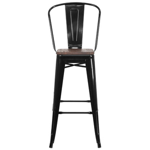 English Elm Commercial Grade 30" High Metal Barstool with Back and Wood Seat