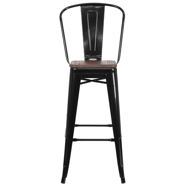 English Elm Commercial Grade 30" High Metal Barstool with Back and Wood Seat
