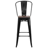 English Elm Commercial Grade 30" High Metal Barstool with Back and Wood Seat