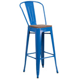 English Elm Commercial Grade 30" High Metal Barstool with Back and Wood Seat