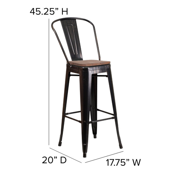 English Elm Commercial Grade 30" High Metal Barstool with Back and Wood Seat