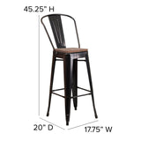 English Elm Commercial Grade 30" High Metal Barstool with Back and Wood Seat