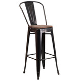 English Elm Commercial Grade 30" High Metal Barstool with Back and Wood Seat