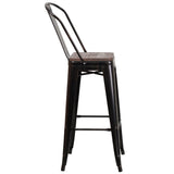 English Elm Commercial Grade 30" High Metal Barstool with Back and Wood Seat