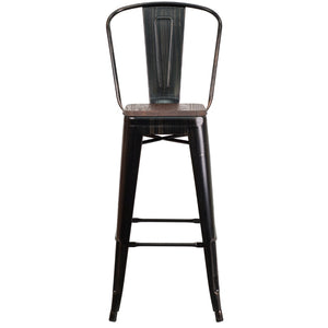 English Elm Commercial Grade 30" High Metal Barstool with Back and Wood Seat