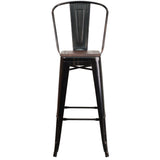 English Elm Commercial Grade 30" High Metal Barstool with Back and Wood Seat