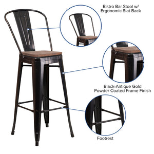 English Elm Commercial Grade 30" High Metal Barstool with Back and Wood Seat