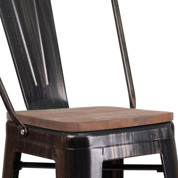 English Elm Commercial Grade 30" High Metal Barstool with Back and Wood Seat