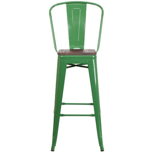 English Elm Commercial Grade 30" High Metal Barstool with Back and Wood Seat
