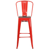 English Elm Commercial Grade 30" High Metal Barstool with Back and Wood Seat