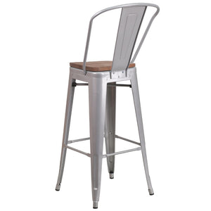 English Elm Commercial Grade 30" High Metal Barstool with Back and Wood Seat