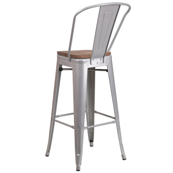 English Elm Commercial Grade 30" High Metal Barstool with Back and Wood Seat