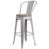 English Elm Commercial Grade 30" High Metal Barstool with Back and Wood Seat