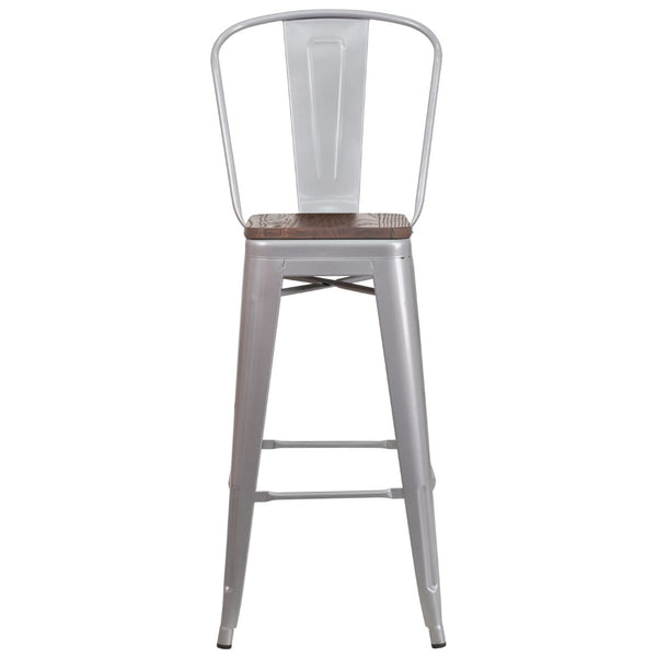 English Elm Commercial Grade 30" High Metal Barstool with Back and Wood Seat