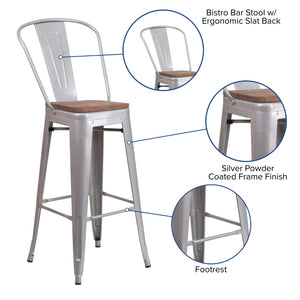 English Elm Commercial Grade 30" High Metal Barstool with Back and Wood Seat