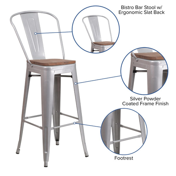 English Elm Commercial Grade 30" High Metal Barstool with Back and Wood Seat