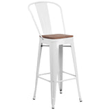 English Elm Commercial Grade 30" High Metal Barstool with Back and Wood Seat