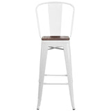 English Elm Commercial Grade 30" High Metal Barstool with Back and Wood Seat